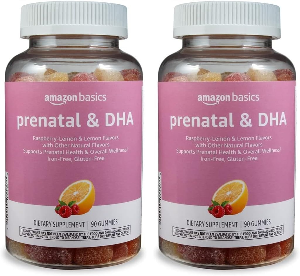 Basics Prenatal & DHA Gummy, Rasberry & Lemon Flavor, 90 Count (Anteriormente Solimo) (Pacote de 2)
