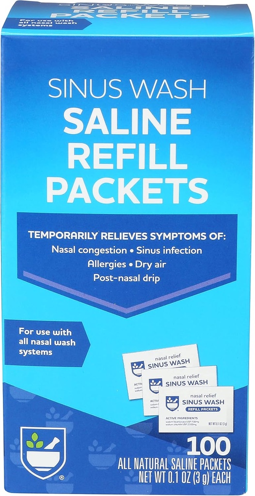 Rite Aid Sinus Wash Refil Kit, pacotes de salinas embrulhados individualmente - 100 Count - solução de sal nasal / alívio de alergia para potes Neti