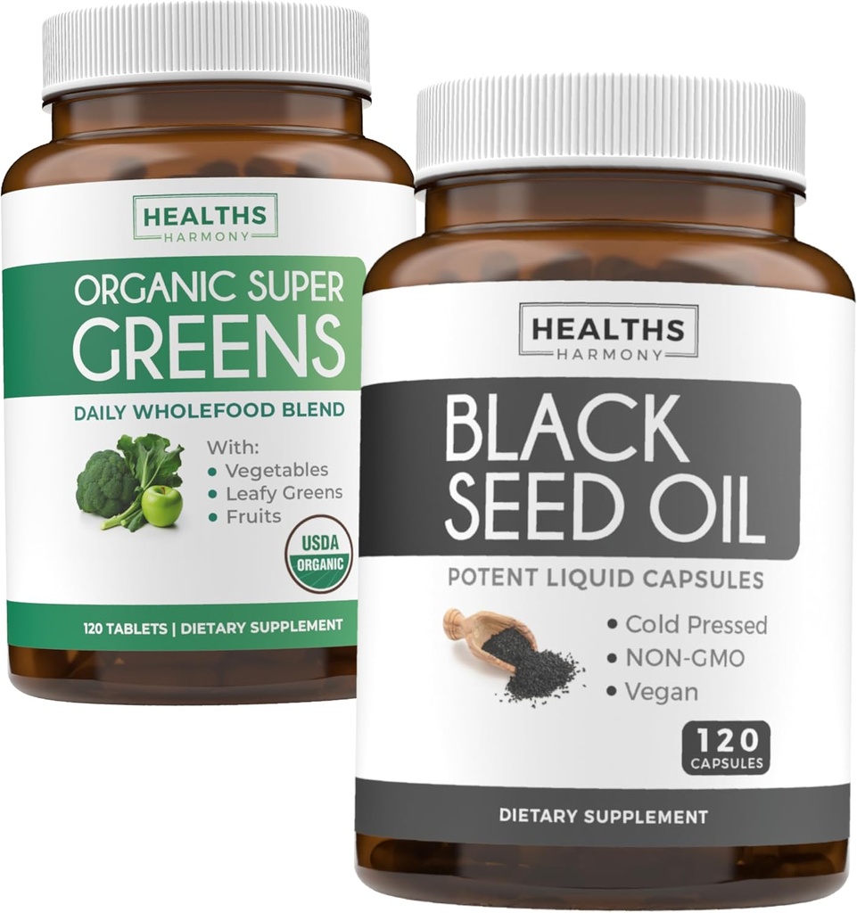Super Verdes & Black Seed (2-fornecimento de meses) Greens Oil Synergy Bundle of Organic Super Greens Powder - Superfood Completo (120 Cápsulas) & Black Seed Oil - Frio-Pressed Nigeilla Sativa (120 Caps)