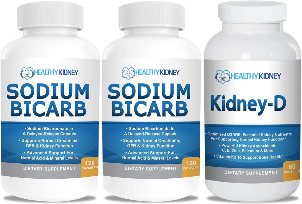 Bicarbonato de sódio 650mg Cápsulas para alívio ácido, alcalinidade 120 comprimidos 2-Pack + Rim-D Suplemento renal. Vitamina D otimizada para suporte renal.