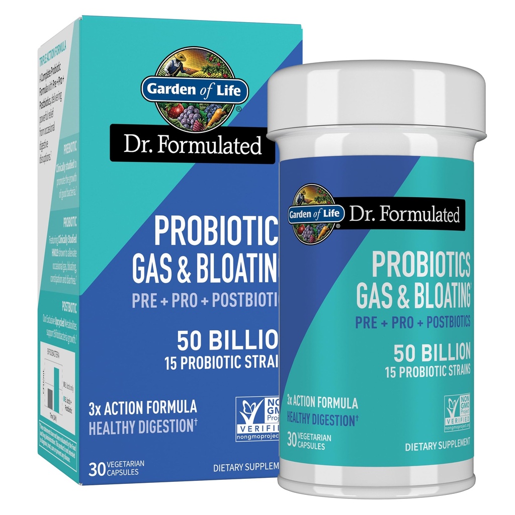 Jardim da vida Dr. Formulado Pré, Pós e Probióticos Gás e Bloating Uma vez diariamente 3-em-1 Prebióticos completos, Postbióticos e Probióticos – 50 bilhões UFC, Não-GMO, Sem glúten, 30 dias de fornecimento