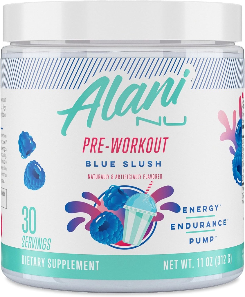 Alani Nu pré-treino em pó azul Slush, Amino Energy Boost, Suplemento de resistência, Açúcar grátis, 200mg de cafeína, L-Theanina, Beta-Alanina, L-Citrulina, 30 Servings