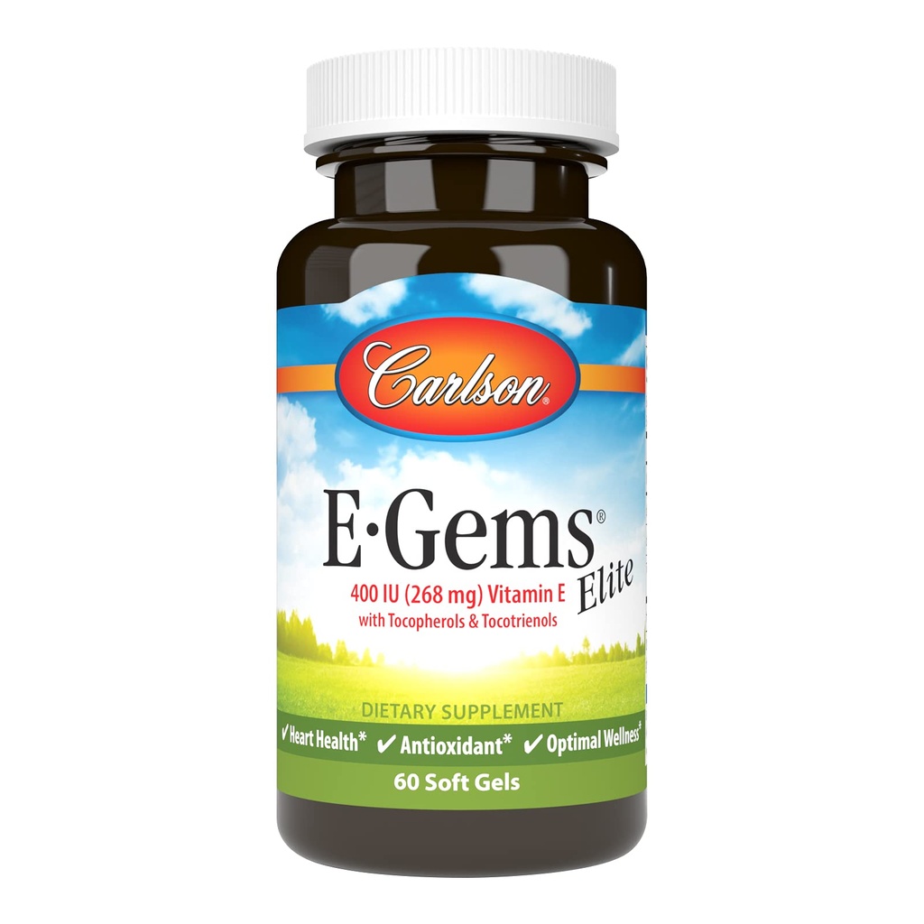 Carlson - E-Gems Elite, 400 UI Vitamina E com tocoferóis e tocotrienóis, Saúde do Coração e Bem-Estar Optimal, Antioxidante, 60 géis moles
