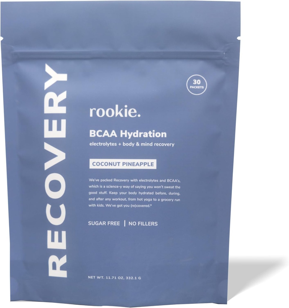 Rookie Wellness Recovery BCAA - Pó de Eletrólito e BCAA com 5 g de Aminoácidos de cadeia ramificada para recuperação muscular, Eletrólitos para hidratação, e apenas 10 calorias (30 Servões, Abacaxi de coco)