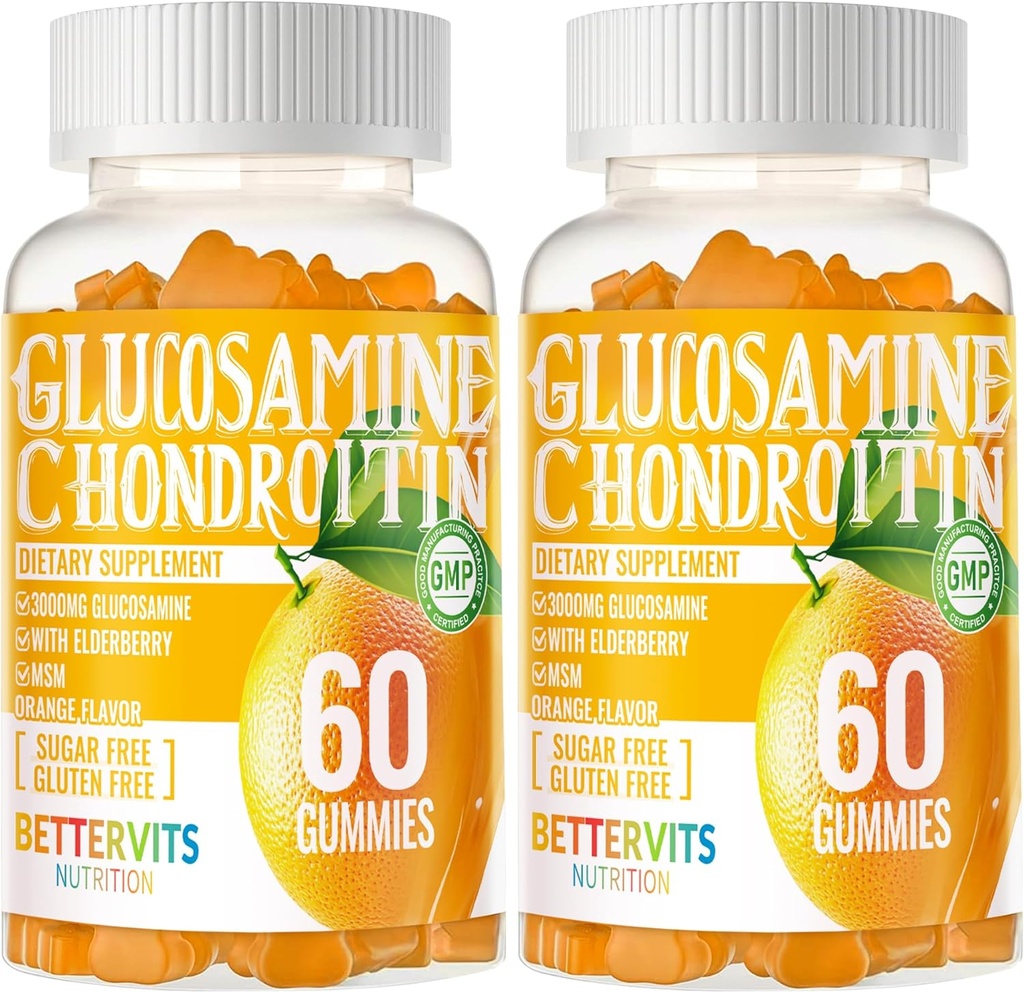 Glucosamina Condroitin Gummies com HSH & Elderberry Força Extra - Suporte Conjunto, Suplemento de Suporte Imune Antioxidante para Adultos, Homens e Mulheres120 gomas de laranja