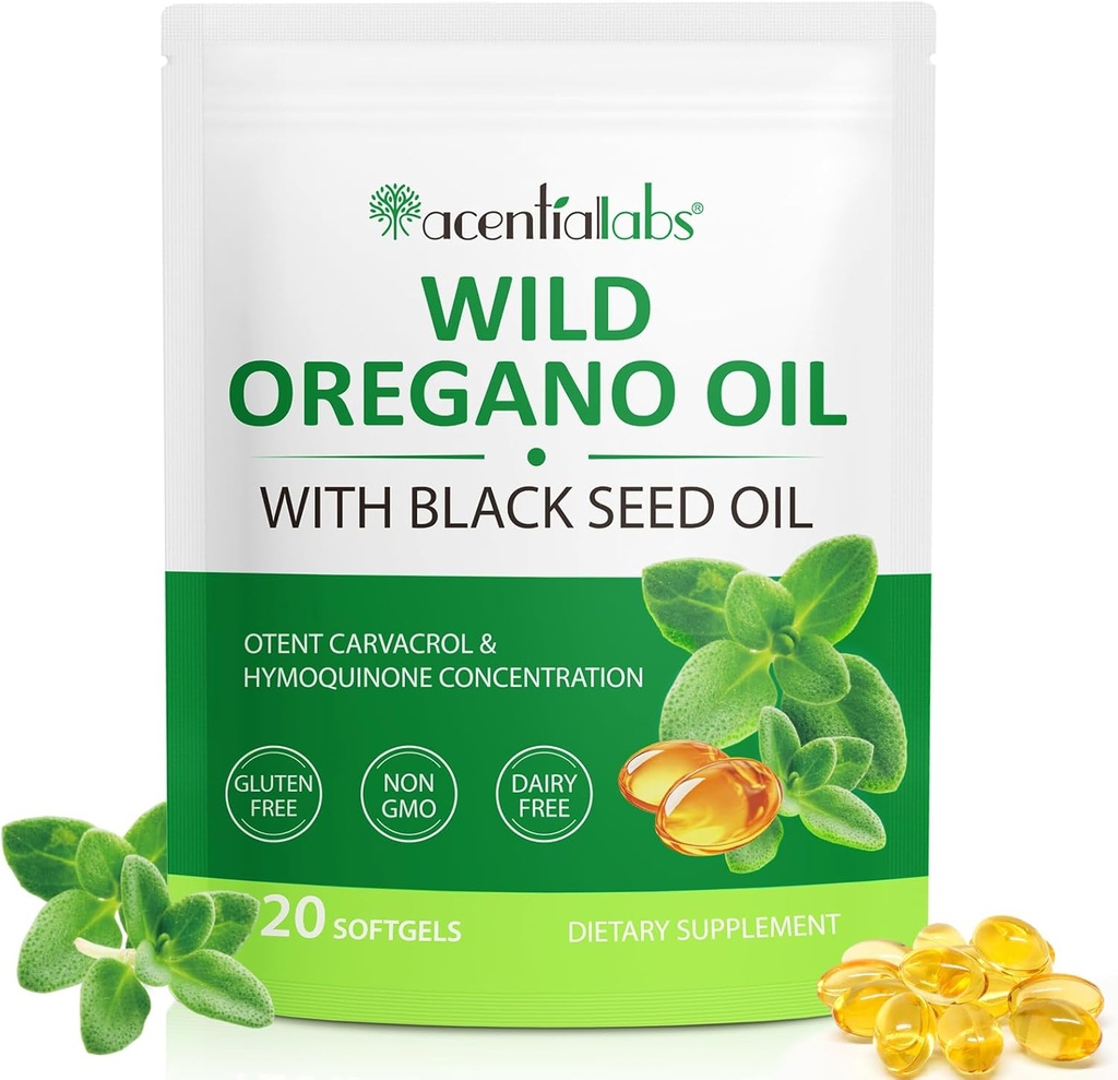 Óleo de Orégano Softgels, 120 Conde Orégano Oil Supplement Cápsulas, Orégano Oil Cápsulas, 165mg Carvacrol, 2 em 1 6000mg Óleo de Orégano com óleo de semente preta 200mg