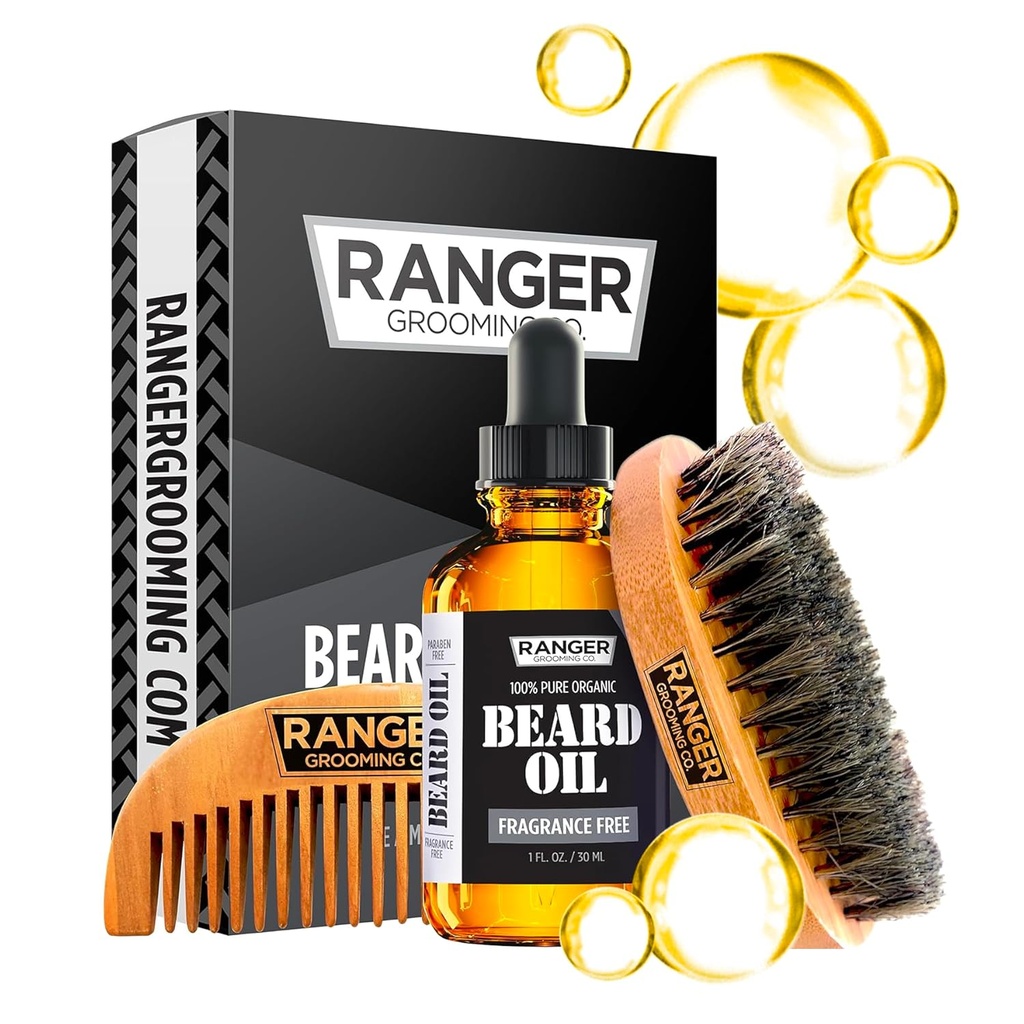 Kit de barba por Ranger Grooming Company por Leven Rose, 100% Orgânico Natural Fragrance Livre Óleo de barba não perfumado, Boar Bristle Barba Pincel, Natural Wood Comb Beard Care Starter Set para homens