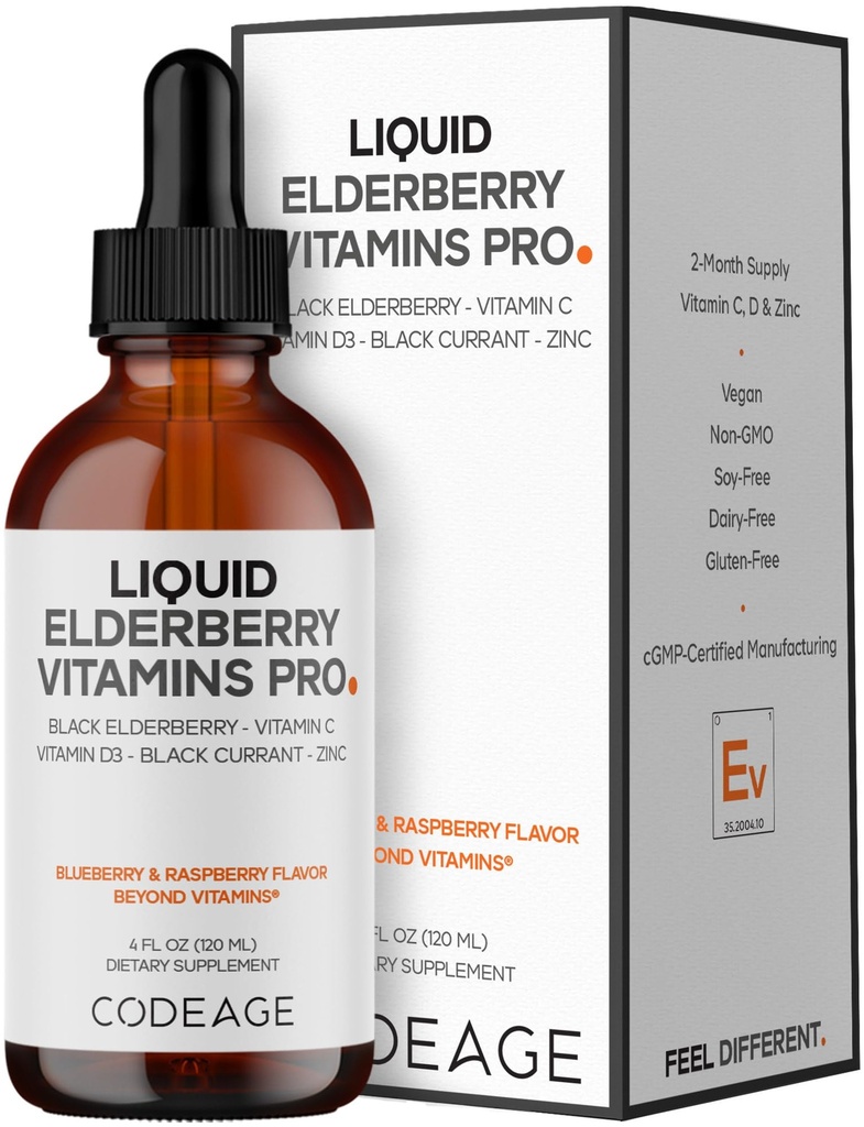 Codeage Elderberry Vitaminas Pro - Orgânica Black Elderberry Liquid Drops - Vitamina C, D3, Zinco, Groselha Negra - 2 meses de fornecimento - Black Sambucus Liquid - Suplemento para Adultos e Crianças - 4 fl oz