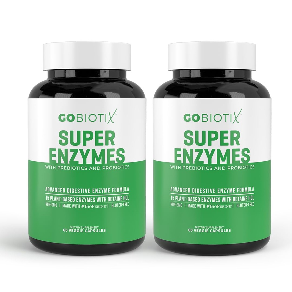 Enzimas Digestivas GOBIOTIX Suplemento com Prebióticos e Probióticos para Mulheres e Homens - Gut Health, Gluten Digestion, Absorção de Lactose, Pills Dietary Based Planta - 120 Cápsulas