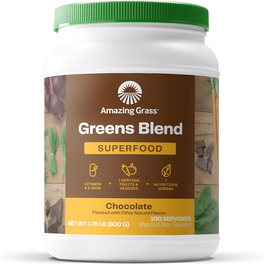 Surpreendente grama Verdes Superalimento em pó: Verdes Pó com Enzimas Digestivas & Probióticos, espirulina orgânica, chlorela, e raiz de beterraba em pó, Chocolate, 100 Servings