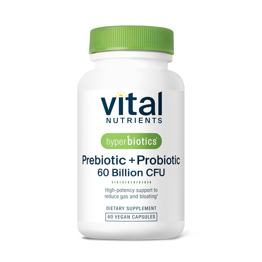 Hiperbióticos Nutrientes Vitais Prebióticos e Probióticos para Mulheres e Homens 60 bilhões de UFC Pre e Probióticos Suporta Saúde Digestiva, Obstipação, Diarréia, Gás e Bloating 60 Cápsulas Vegan