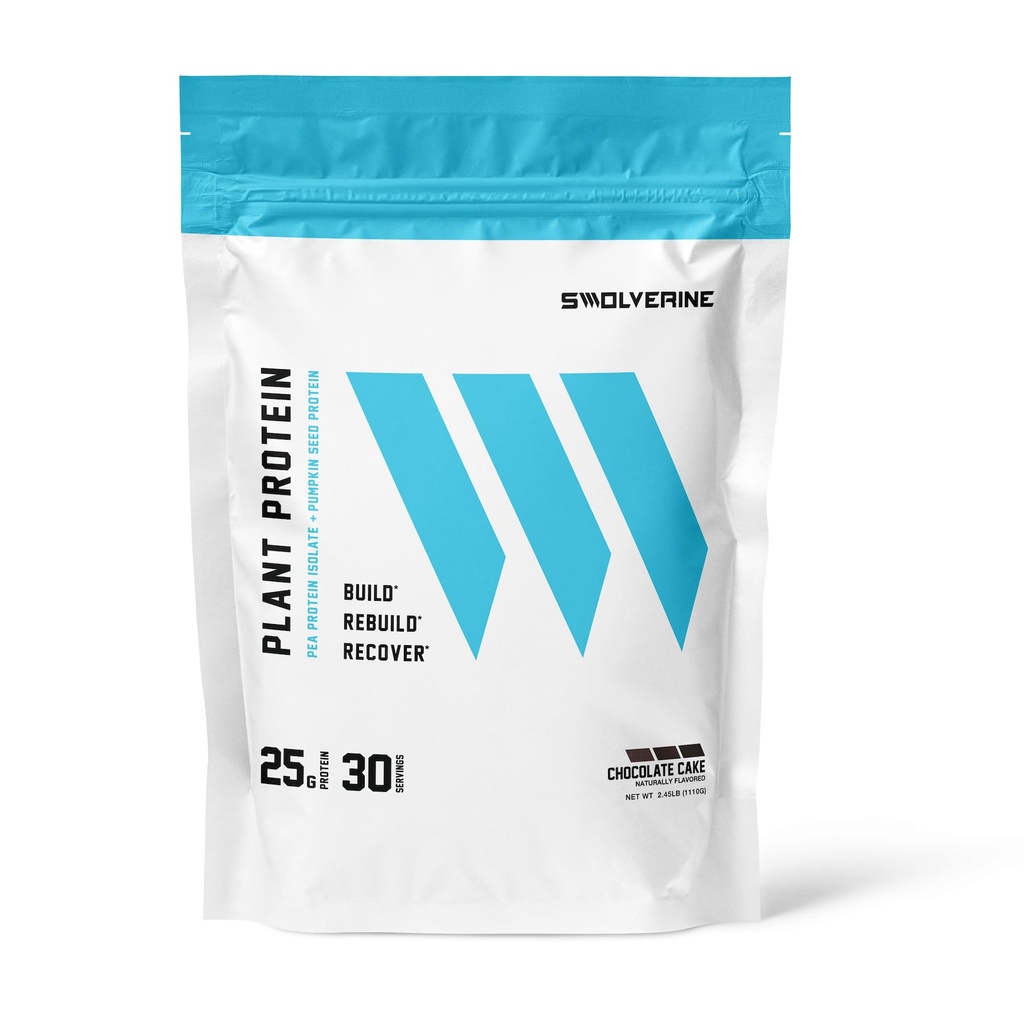 Proteína vegetal de Swolverine 100% Vegan, Pó de proteína baseada em plantas, Isolato de proteína de ervilha, Proteína de semente de abóbora, 22G Protein, 30 Servings Chocolate sabor bolo (Chocolate bolo)