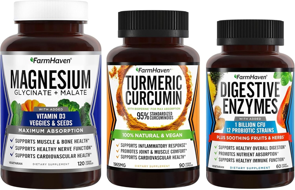 Complexo de Magnésio FarmHaven Glycinate & Malate w/Vitamin D3 & Curcumina Turmérica com Pimenta Negra BioPerine & Enzimas Digestivas com 18 Probióticos & Ervas