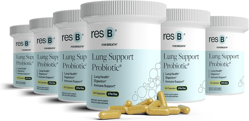 Resbiótico ResB Suplemento Probiótico de suporte pulmonar - Suplemento de saúde pulmonar para fumantes, Gut Health, Imune Support, Respiratory Care, Holy Basil, Turmeric, Clinically Tried - 360 Cápsulas (6 garrafas)