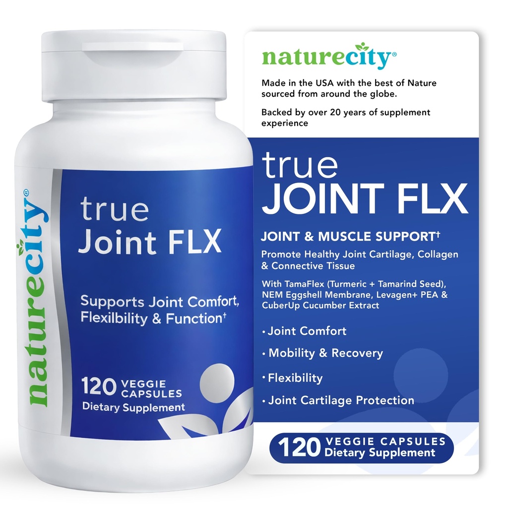 NatureCity True-Joint FLX Joint Supplement Formula (120 Cápsulas) TamaFlex, NEM Eggshell Membrana, Levagen+ PEA & CuberUp® Suporta Conforto Conjunto, Flexibilidade, Mobilidade, Função e Cardilagem Saúde