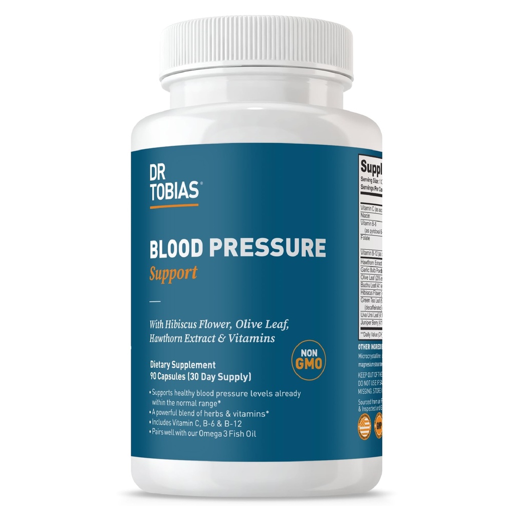 Dr. Tobias Blood Pressure Support Supplement with Hawthorn, Hibiscus Flower, Olive Leaf & Alho, Suporta Saúde Circulatória Normal com Vitaminas C, B6, B12, Niacin, Folato & Ervas, 90 Cápsulas