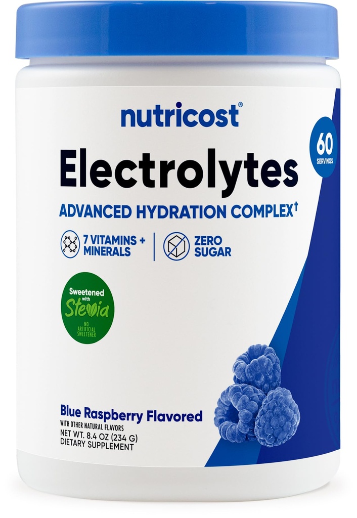 Nutricost Electrolyte Complex Powder (60 Servings, Blue Raspberry) - Hydration Supplement Drink Mix com vitaminas e minerais