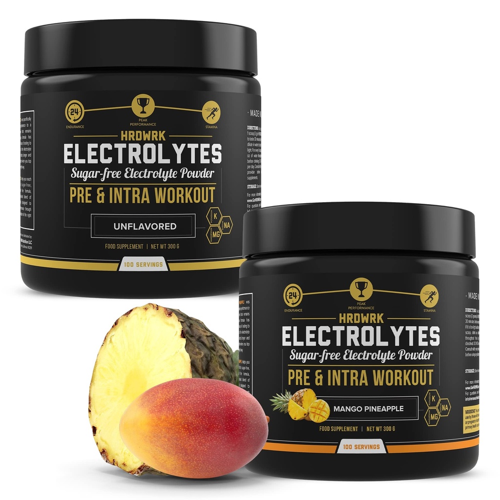 HRDWRK - 100 Servings Keto Electrolytes Pó Hidratação Açúcar Livre - Electrolyte Pó para aumentar a resistência e reduzir a fadiga com eletrólitos Suplemento - Conjunto de abacaxi sem sabor e manga