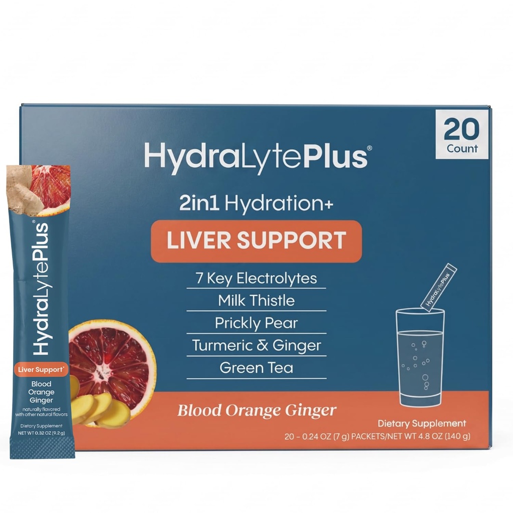 Suporte Hidralyte Fígado + Mistura de Eletrolitos com Cardo de Leite, Açafrão, Ginger, Prickly Pear, Extrato de Chá Verde Formulado para Reidratação Rápida (Ginger Sangue Laranja, 20 pacotes)