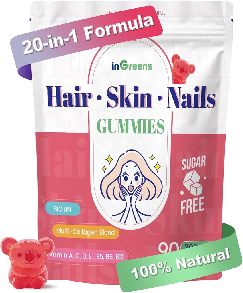 20-em-1 Pele de cabelo e unhas Gummies, Vitaminas de biotina de cabelo para mulheres e homens com 10000 mcg Biotina, Vitaminas A, C, D, E para o crescimento do cabelo e pele saudável, flavor de pêssego branco, 90 chicletes