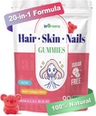 20-em-1 Pele de cabelo e unhas Gummies, Vitaminas de biotina de cabelo para mulheres e homens com 10000 mcg Biotina, Vitaminas A, C, D, E para o crescimento do cabelo e pele saudável, flavor de pêssego branco, 90 chicletes