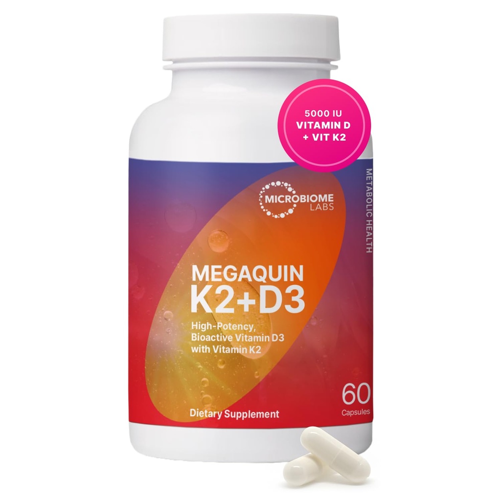 Microbiome Labs MegaQuin D3 + K2 - Suplemento de Vitamina D3 K2 de alta potência - Bioativo e Biodisponível - Vitamina D3 5000 iu & MK-7 - Apoio Osso, Coração, Nervo e Saúde Imune (60 Cápsulas)