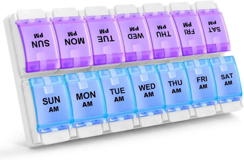 Sukuos AM PM Organizador de pílulas de 7 dias por semana, 2 vezes uma caixa de pílulas dia com botão de pressão Artrite Friendly, casos de medicina para vitaminas / óleo de peixe / suplementos, fácil de limpar (Purple & Blue)
