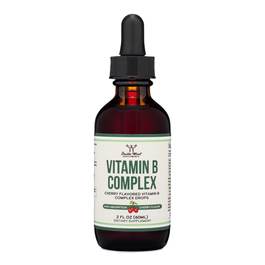 Duplos suplementos de madeira Complexo líquido de vitamina B - 2 Mês de Abastecimento - Max Absorção - B3, B6, B7 (Biotina), B9, e Vitamina B12 - Sabor de Cereja - 2 FL OZ