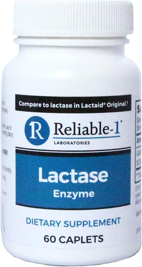 CONFIÁVEL 1 LABORATÓRIOS Lactase Enzima Suplemento dietético (60 Caplets, 1 Garrafa) - Ajuda a prevenir o gás, o inchaço e a diarreia de produtos à base de leite