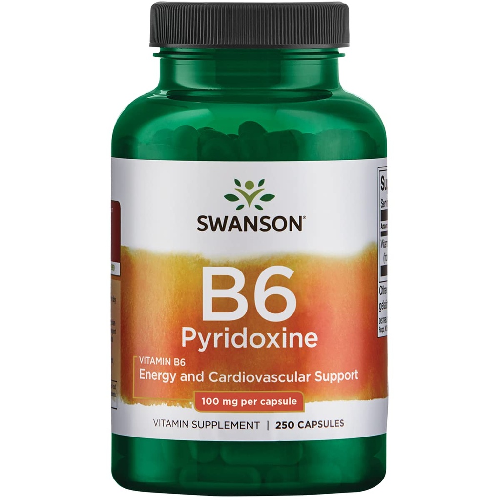 Swanson B6 Piridoxina - Suplemento Vitamina Promovendo Saúde Cardiovascular & Metabolismo Energético - Fórmula Natural Promovendo Bem-Estar Geral - (250 Cápsulas, 100mg cada)