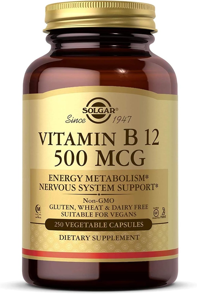 Solgar Vitamina B12 500 mcg, 250 Cápsulas Vegetais - Metabolismo Energético - Apoio ao Sistema Nervoso - Promove a Saúde do Coração - Não-GMO, Vegan, Glúten Livre, Leite Livre, Kosher, Halal - 250 Servings