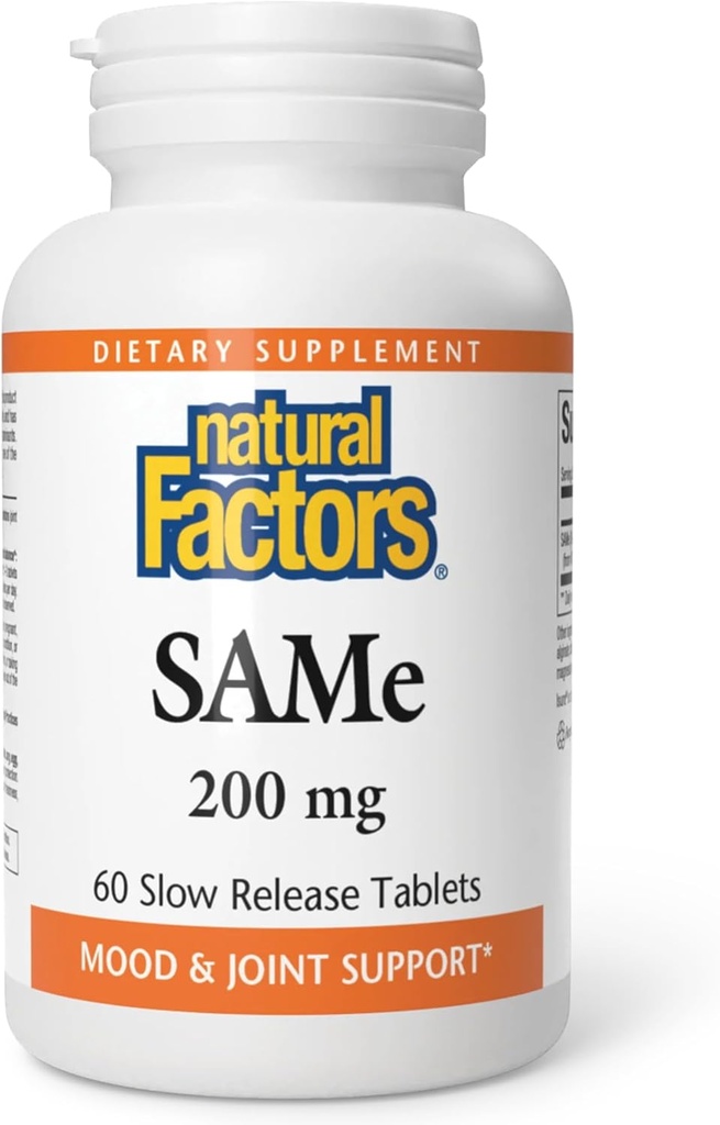 Factores Naturais, SAMe 200 mg, Ajuda a Elevar o Humor e Melhorar a Saúde Conjunta, 60 comprimidos (60 porções)