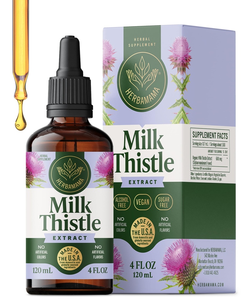 Suplemento de cardo de leite de HERBAMAMA para detox do fígado – Suplemento de suporte do fígado – contém silymarin – Vegan, Não-GMO, Álcool & Açúcar-livre, 56 dias de fornecimento
