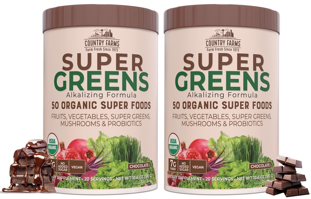 FARMAS DE PAÍS Super Verdes sabor de chocolate, 50 Super Alimentos Orgânicos, USDA mistura de bebida orgânica, frutas, legumes, Super Verdes, cogumelos e probióticos, Suporta energia, 40 Servings, 10.6 Oz, 2 Pack