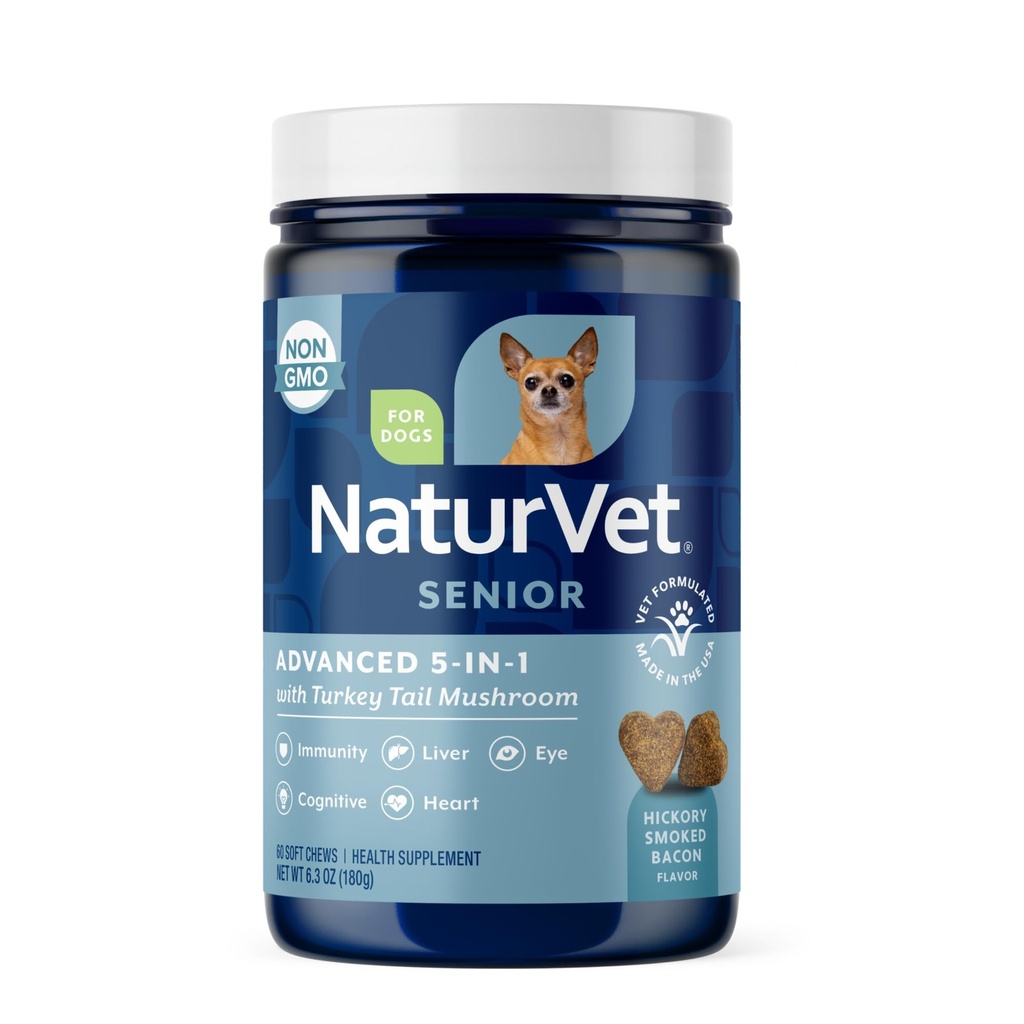 NaturVet Senior Advanced 5-in-1 Support Dog Supplement – Ajuda a apoiar o sistema imunológico, coração, fígado, função cognitiva, saúde ocular – Inclui Ginkgo Biloba, Lutein – 60 Ct.