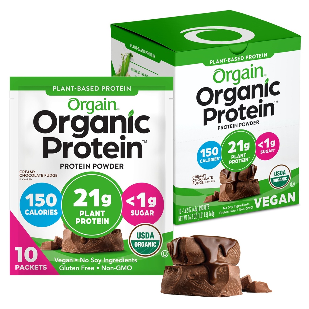 Orgain Organic Vegan Protein Powder, Creamy Chocolate Fudge - 21g Proteína vegetal, 6g Fibra Prebiótica, Baixo Carbo, Sem Ingredientes Lactose, Sem Açúcar Adicionado, Não-GMO, Para Shakes & Smoothies, 10 Pacotes de viagem