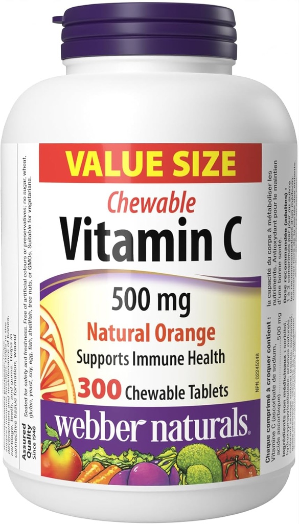 Webber Naturals Vitamina C, 300 comprimidos de laranja mastigáveis, 500 mg de vitamina C por comprimido, Ossos, dentes, Imune e Antioxidante Suporte