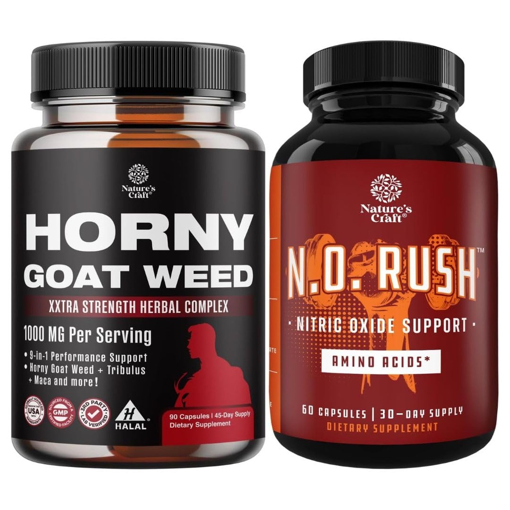 Pacote de Erva de Cabra Horny para homens com Raiz de Maca Preto, Tongkat Ali, Saw Palmetto & Panax Ginseng Extract para resistência e energia e suplemento de óxido nítrico com L-arginina para crescimento muscular e recuperação