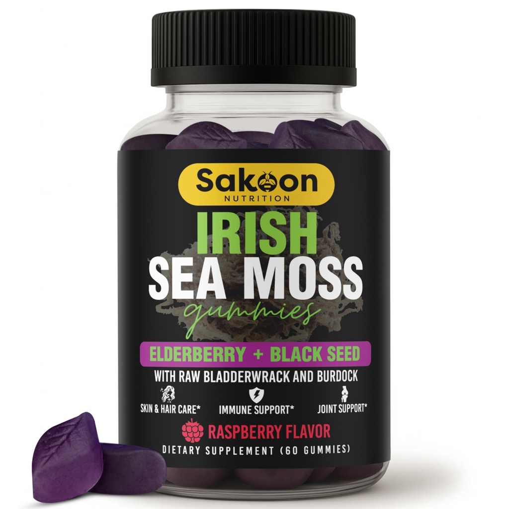 Pastilhas de musgo do mar irlandês com óleo de semente de elderberry e preto - Apoio global ao bem-estar