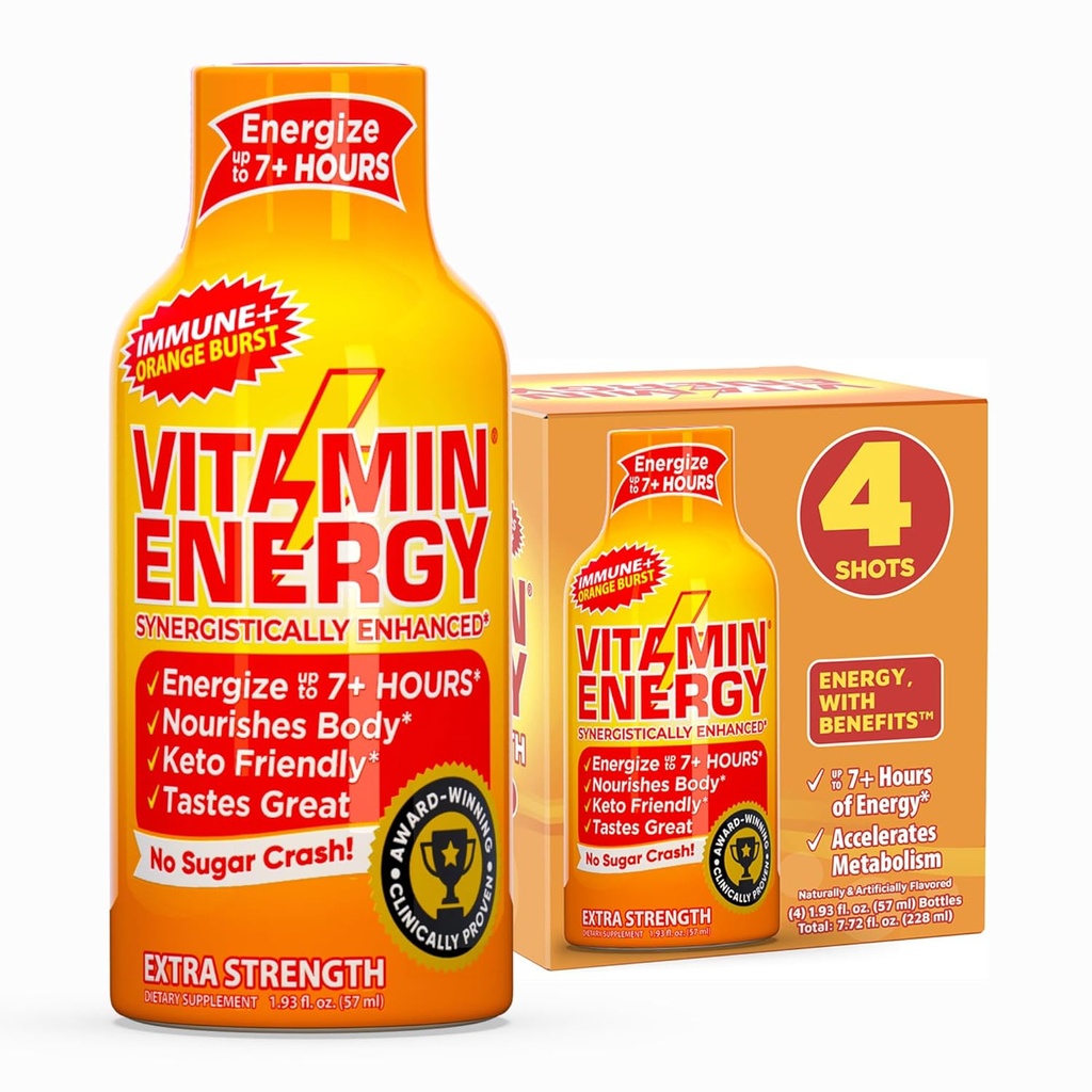 Vitamina Energia Imune+ Força extra Energia Tiro – Burst Laranja – 100% DV B-Vitamins & 260mg Cafeína – Calorias Zero, Livre de açúcar, Vegan, – Imunidade & Suporte Energia – 1,93 fl oz, 4-Pack