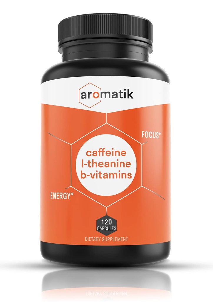 Aromatik Caffeine L-Theanina Focus Supplement . Cafeína (100 mg) + L-Theanina (200 mg) + B Vitaminas . Energy Focus Cognition . EUA Made at FDA Registered Facility . Cápsulas Vegan .