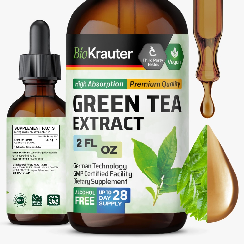 BIO KRAUTER Extrato de chá verde Drops líquidos - Suplementos de chá verde - Fonte antioxidante - Álcool e açúcar grátis - 2 Fl.Oz.