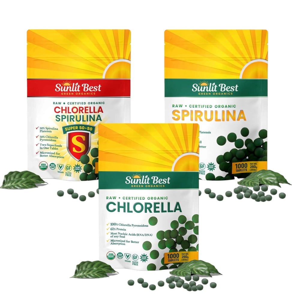 Sunlit melhor Ultimate Chlorela & Spirulina Bundle Super Greens Suplementos para apoio imunológico, saúde da gut, humor e energia
