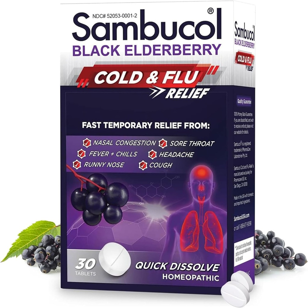 Sambucol comprimidos de alívio de gripe e frio - Medicina Frio homeopática, remédio para adultos, Elderberry preto para resfriados, Zinc Remedy - 30 Conde