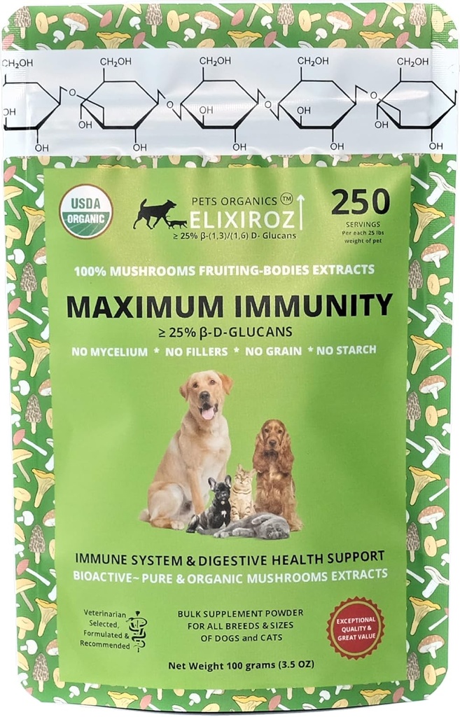 Imunidade máxima > 25% β-glucano 100% Cogumelos Extratos do corpo frutífero, Receitas veterinárias para cães e gatos Imune, Digestivo, Vitaminas, Probióticos, com Turquia cauda, extratos Reishi. 250 Serviços