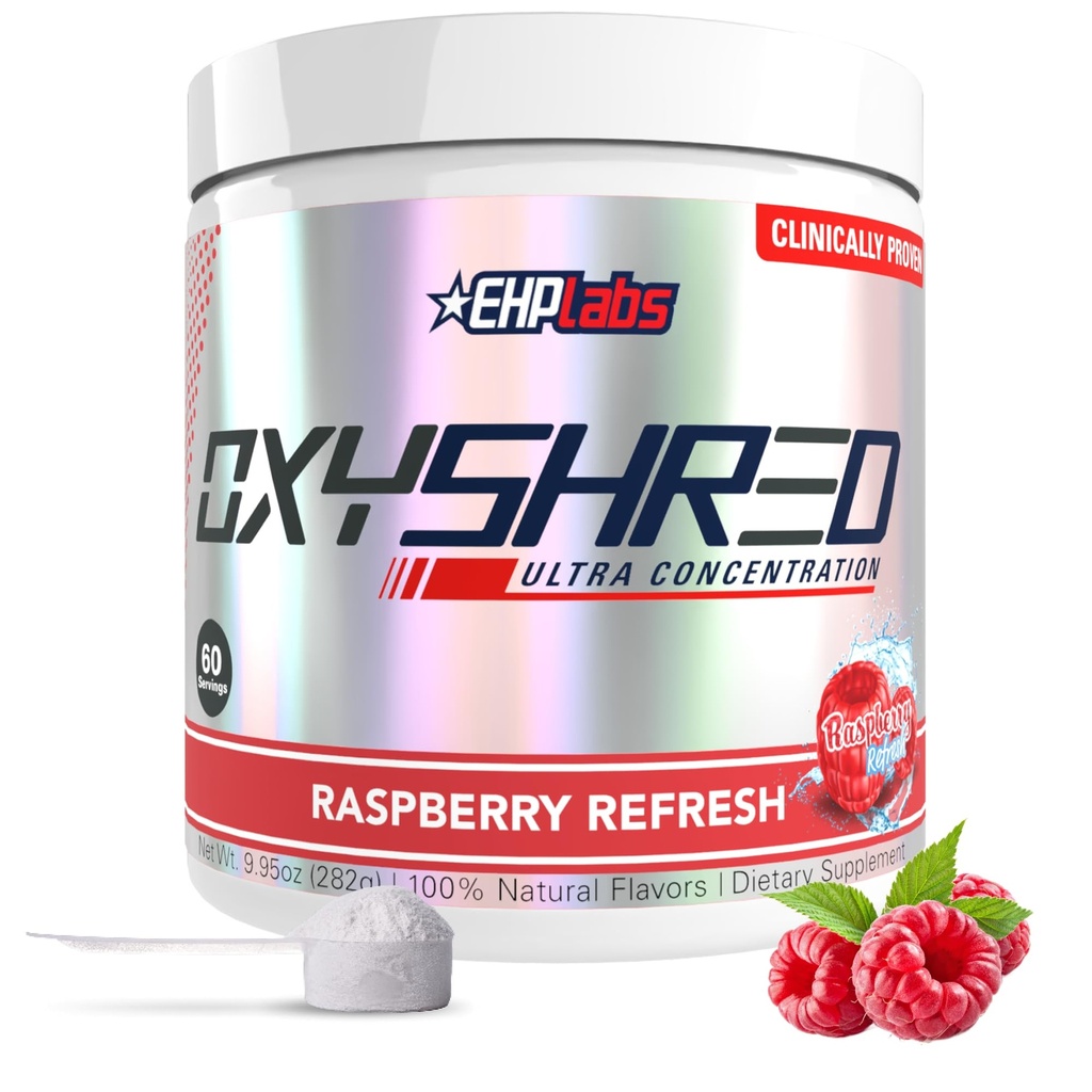 EHP Labs OxyShred pré-treino em pó - pré-treino em pó com L Glutamina e Acetil L Carnitina, Energia Boost Bebida - Framboesa Refresca, 60 Servings