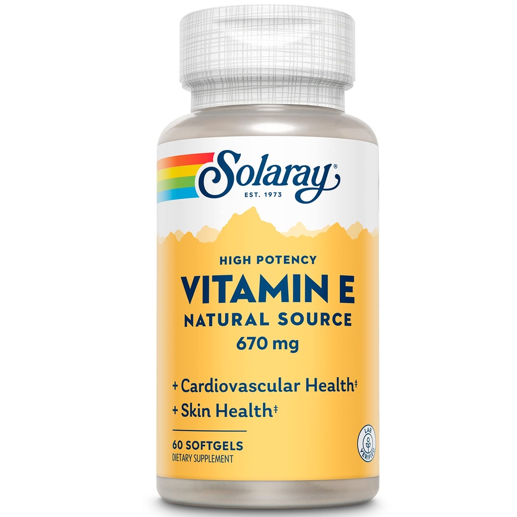 SOLARAY Vitamina E 1000 UI Cápsulas Softgel, 670 mg - d Alpha Tocoferol Suplementos Vitamina E - Saúde da Pele, Função do Coração e Apoio Antioxidante - 60 dias de garantia - 60 Servings, 60 Softgels