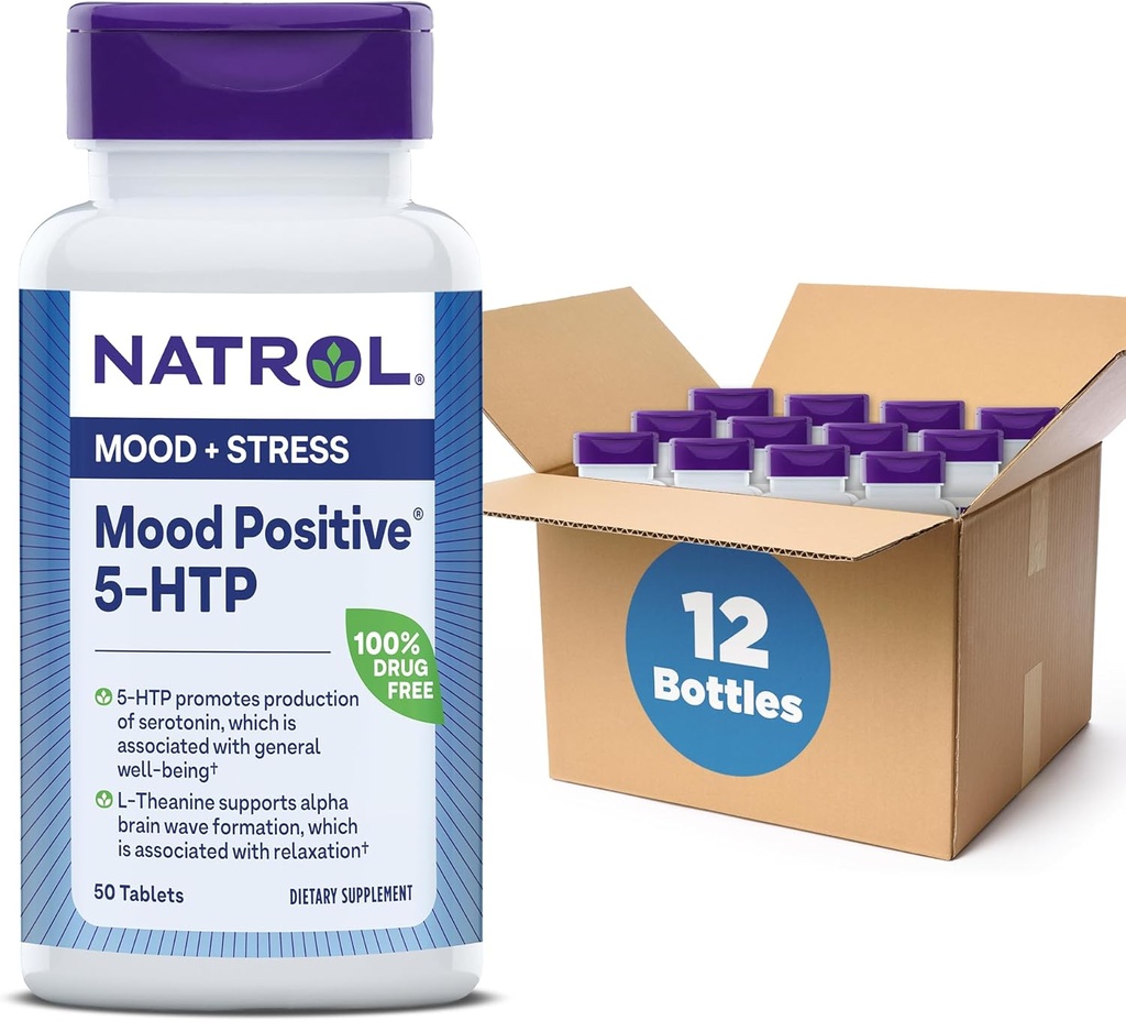 Natrol Mood positivo 5-HTP 50mg com L-Teanina, vitamina B6, vitamina B12 e folato, suplemento dietético ajuda a apoiar um humor positivo, 50 comprimidos, 25-50 dia de fornecimento (Pacote de 12)