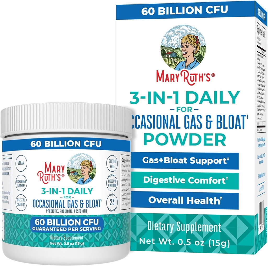 MaryRuth Orgânicos 3-em-1 Gás & Bloat Probióticos ; Probióticos para a função digestiva normal ; Probióticos para mulheres e homens ; Prebióticos & Postbióticos ; 60 Bilhões de CFU
