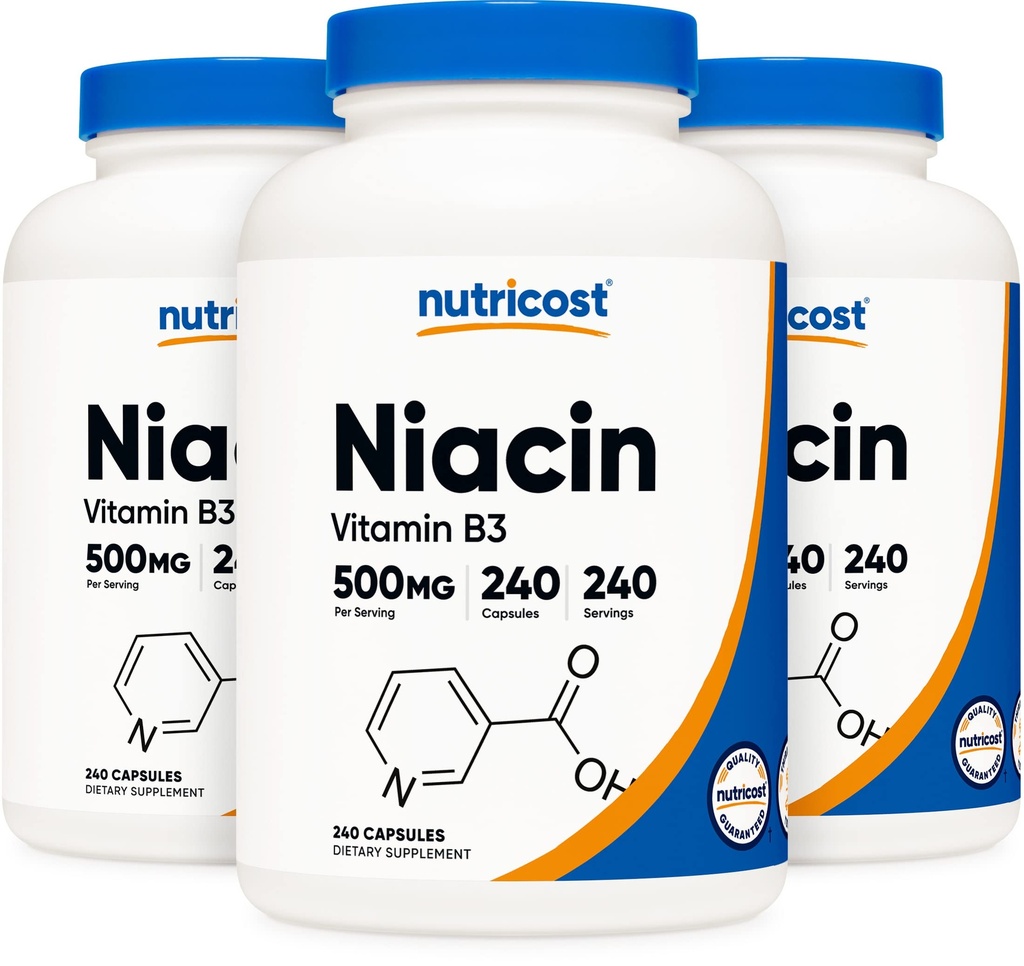 Nutricost Niacin (Vitamina B3) 500 mg, 240 Cápsulas (3 frascos) - Niacin Flush